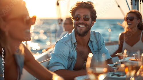 Wallpaper Mural A group of friends on a boat, with sparkling water in the background, during a sailing adventure Torontodigital.ca