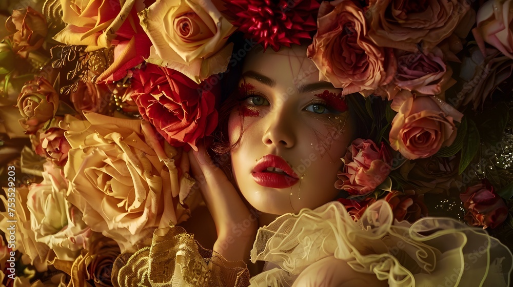 Entrancing Woman in Floral Headdress and Vivid Makeup in a Dreamy Studio Setting, To evoke a sense of romance, glamour, and luxury through a stunning