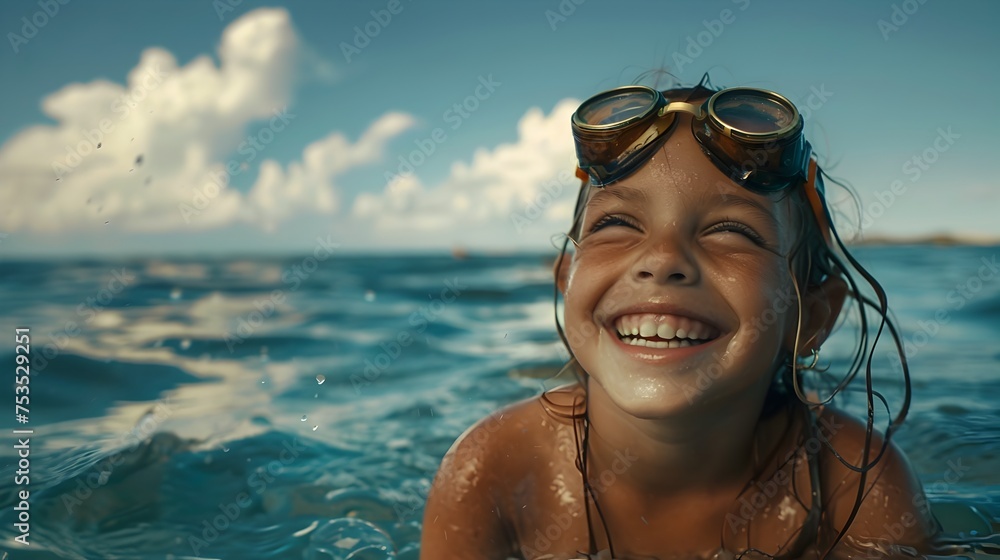 Happy Girl Wearing Swimming Goggles on Her Head at the Ocean, To convey a sense of joy, freedom, and childhood memories at the beach