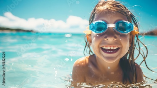 Girl in Swimming Goggles Smiling at Beach, To convey the carefree spirit of summer and the joy of childhood through a vibrant and detailed image of a © Rudsaphon