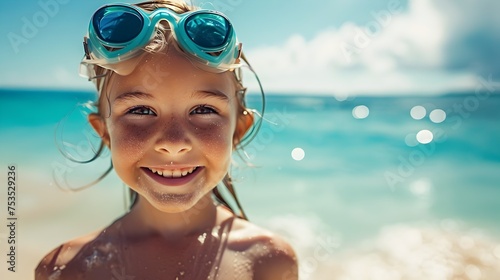Happy Girl Wearing Goggles on Beach Smiling into Camera, To showcase the joy and happiness of a child during a summer vacation by the sea © Rudsaphon