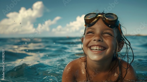 Happy Girl Wearing Swimming Goggles on Her Head at the Ocean, To convey a sense of joy, freedom, and childhood memories at the beach © Rudsaphon