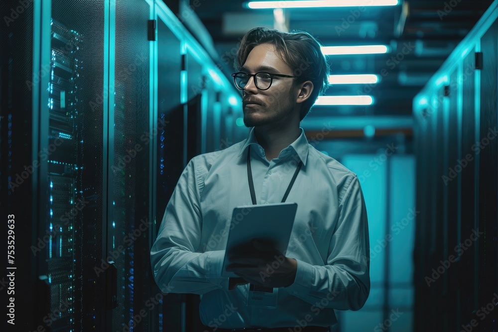 Fototapeta premium Focused network engineer with tablet troubleshooting in a modern data center server room.