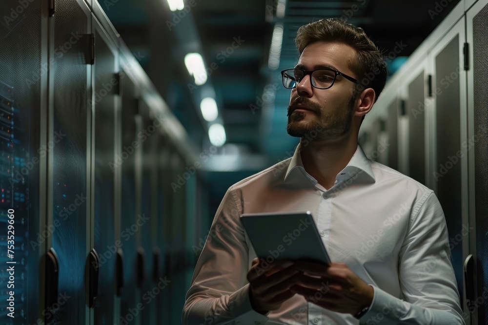 Fototapeta premium Focused network engineer with tablet troubleshooting in a modern data center server room.