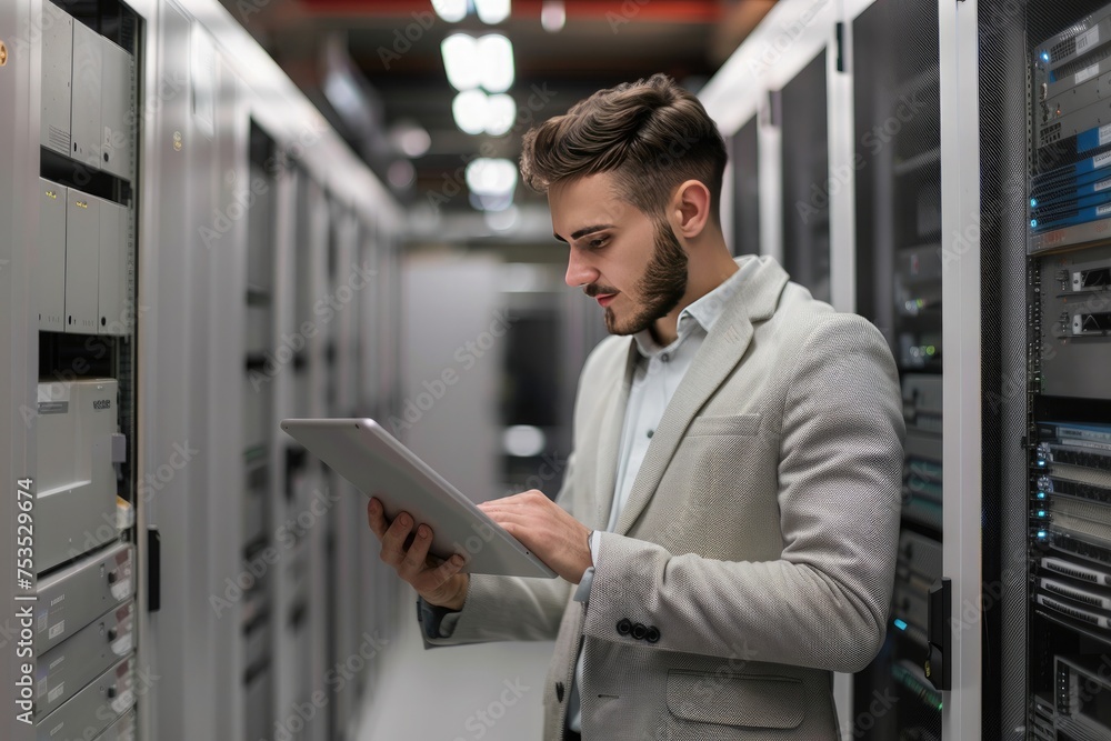 Fototapeta premium Focused network engineer with tablet troubleshooting in a modern data center server room.
