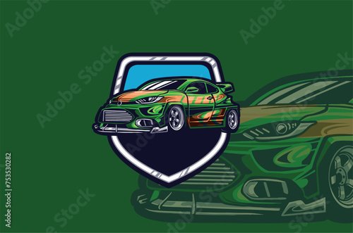 
Rally car vector logo featuring green and orange accents against a green backdrop, epitomizing the thrilling and adventurous essence of rally racing. photo