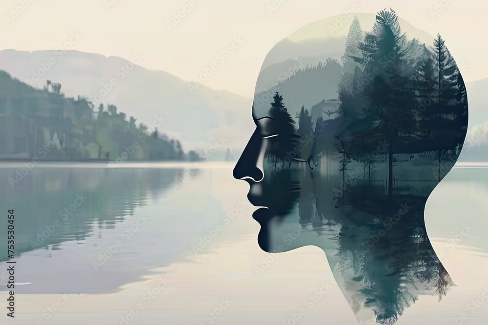 Outline of a human head containing a serene landscape.
