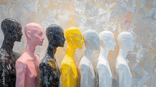 Multiple half-body mannequins, uniquely colored in yellow, white, pink, and black, beauty of racial and cultural diversity concept © angyim