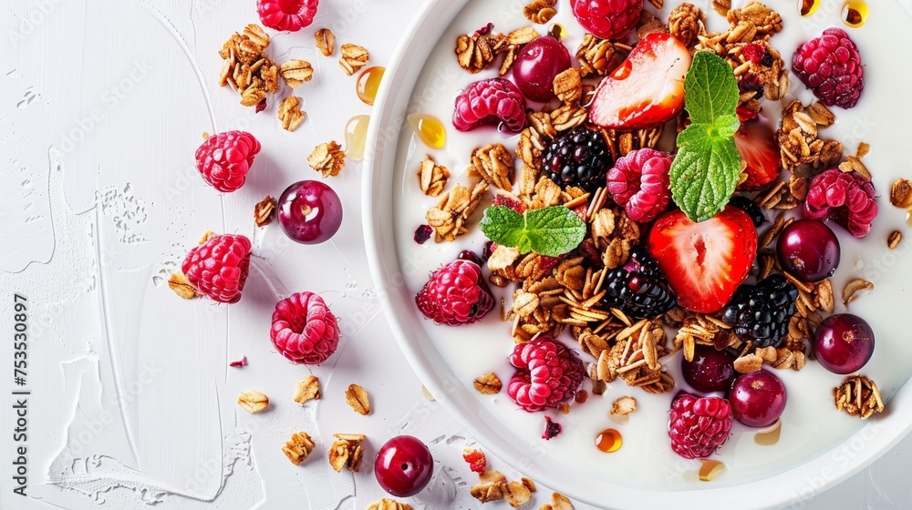 American breakfast granola with milk, berries, and honey on white background with copy space American breakfast granola with milk, berries, and honey on white background with copy space