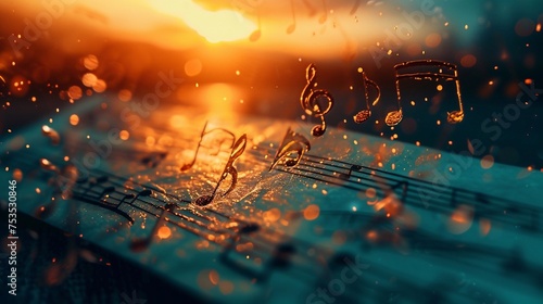 Music notes on a blue book with sunset light background. Music concept