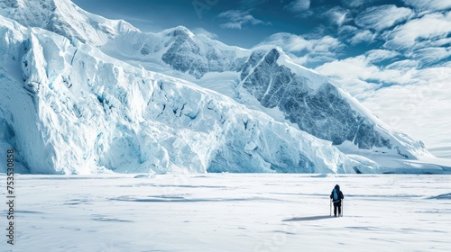 Lone polar explorer in vast snowy landscape