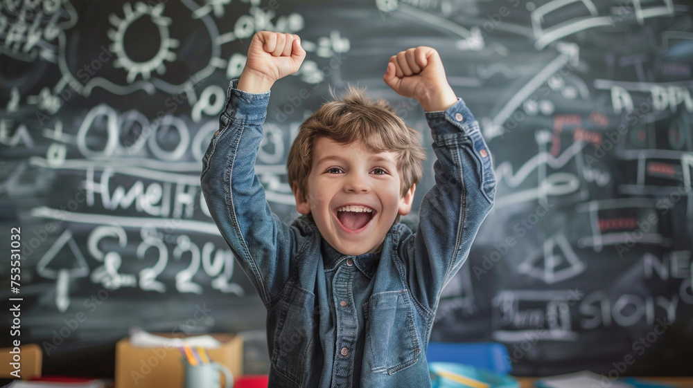Happy boy in classroom with blackboard background Happy boy in classroom with blackboard background