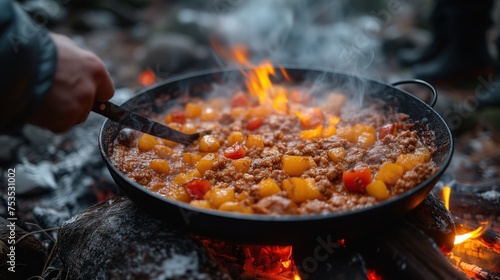 frying pan with meat stew on fire