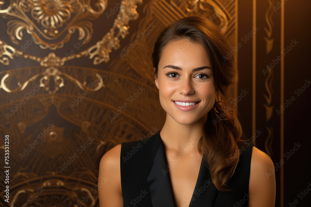 Elegant woman smiling in luxurious ornate setting. Elegant woman smiling in luxurious ornate setting.