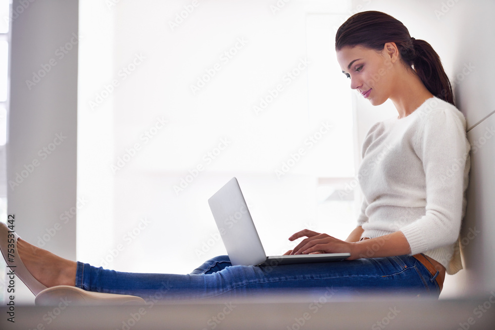 Laptop, typing and woman in home for remote work, social media or reading email on internet. Computer, freelancer and person on floor with technology for network, relax or blog on website in house Laptop, typing and woman in home for remote work, social media or reading email on internet. Computer, freelancer and person on floor with technology for network, relax or blog on website in house