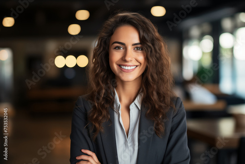 Smiling businesswoman at work. Woman in a suit at work. Women boss.