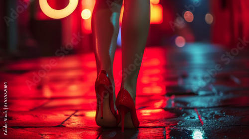Glossy Red High Heels on Wet City Street at Night, Urban Chic Fashion © Natalia Klenova