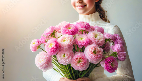 ピンクのラナンキュラスの花束を抱いた少女（春,愛,ピュア,ハピネス,贈り物などのイメージ）