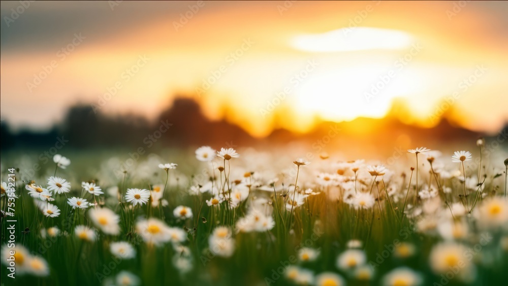 A lawn with daisies blooming in spring, illuminated by the sunset.