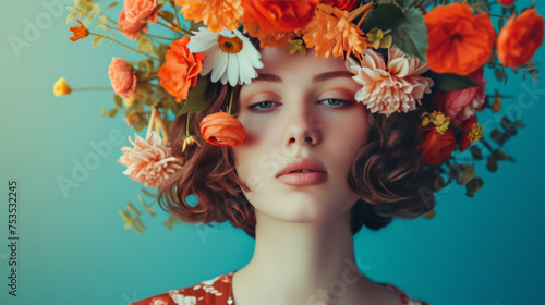 Serene Beauty with an Ethereal Floral Headdress in Dreamy Setting