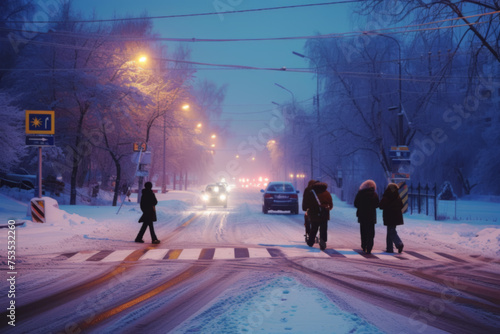 Pedestrians on Snowy Zebra Crossing at Dusk, Winter City Life © Natalia Klenova