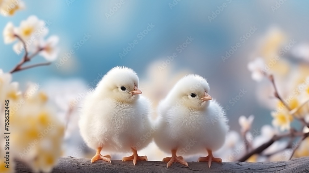 Newborn chicks on a spring background. Easter concept