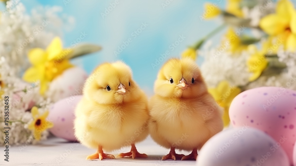 Newborn chicks on a spring background. Easter concept