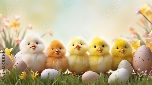 Newborn chicks on a spring background. Easter concept