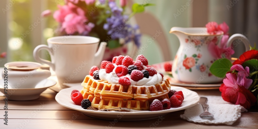 Colorful table with pink tray holds sweet waffles, topped with berries and cream, served with hot milk in a light kitchen.
