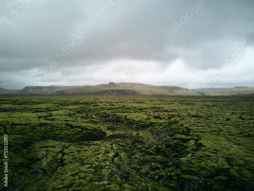 Volcanic green moss lava field and black mountain from above