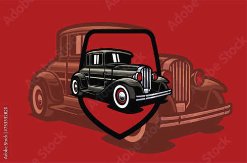 Black classic car logo on a red background: Shows the elegance of a classic car in elegant black, accompanied by a red background that adds a dramatic and attractive retro impression.