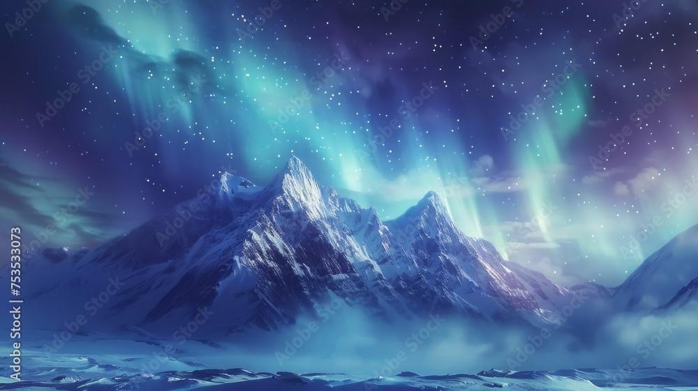 Ethereal northern lights over snowy mountains background