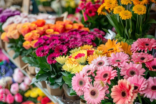 Colorful Assortment of Fresh Blooms at the Flower Market - Vibrant Gerberas  Tulips  and Seasonal Flora for Decor and Gifting