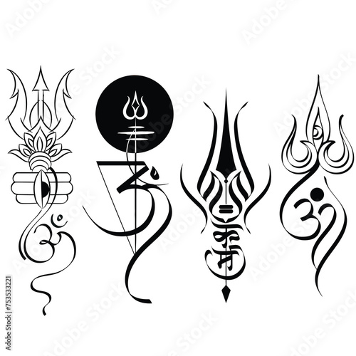 illustration set Of Happy Maha Shivaratri lord shiva tattoo icon and trishul line drawing