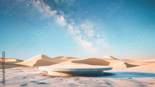 A serene night scene with a star-filled sky above a smooth, snowy desert and an illuminated circular structure.