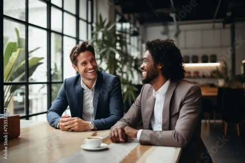 Businessmen laughing, casual meeting, coffee shop.