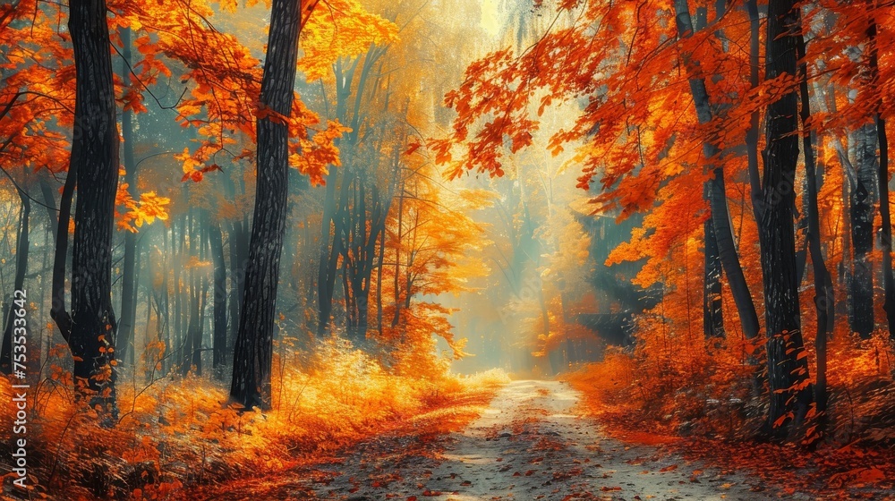 Fiery autumn forest, vibrant and transformative.