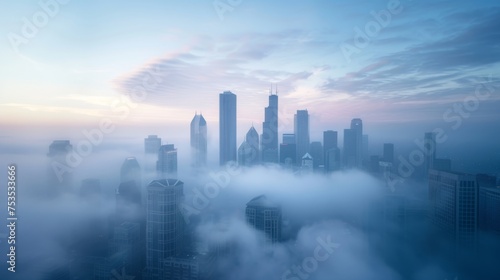 Foggy city skyline early morning background