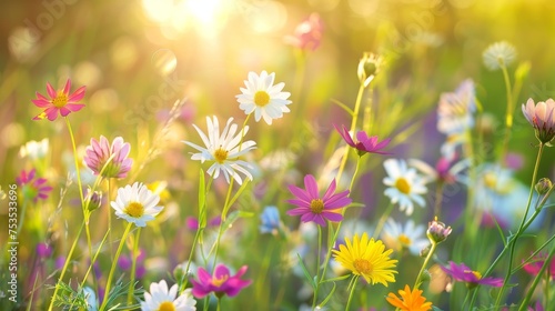 Fresh spring wildflowers in a meadow background photo