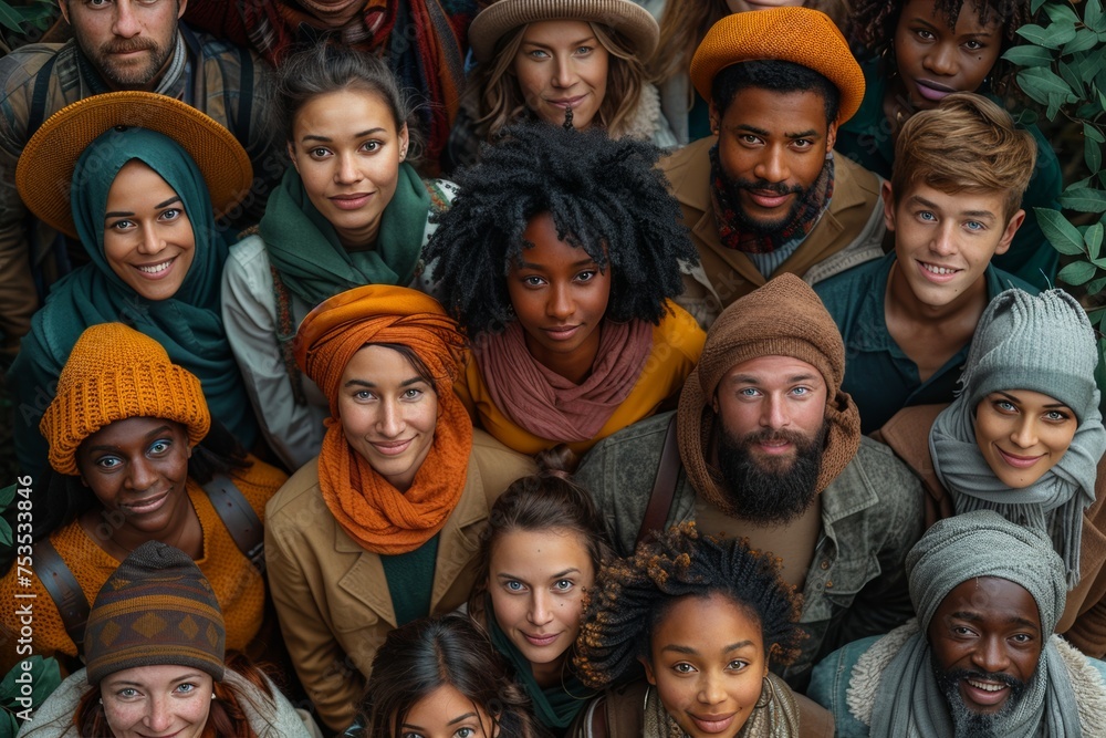 Eclectic group of people embracing diversity with smiles