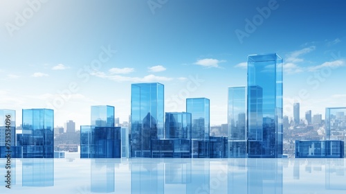 Modern blue cityscape made of clear glass on a blue sky background