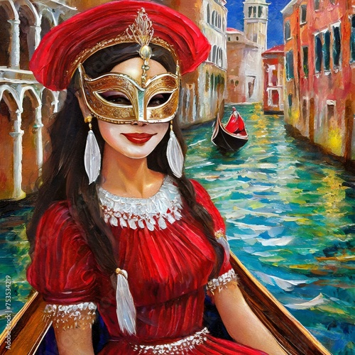 beautiful woman on gondola wearing venetian mask