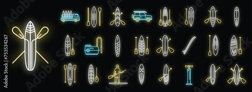 Sup surfing icons set outline vector. Surf board. Puddle gear neon isolated