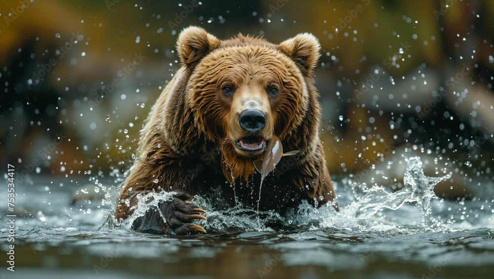 Dynamic portrayal of North American wildlife, a grizzly bear catching salmon in a rushing river Dynamic portrayal of North American wildlife, a grizzly bear catching salmon in a rushing river