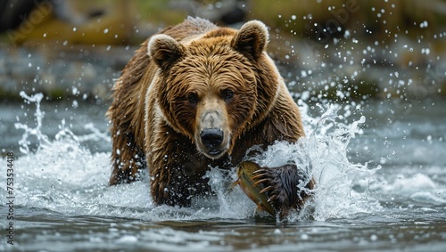 Dynamic portrayal of North American wildlife, a grizzly bear catching salmon in a rushing river