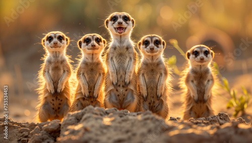 A troop of meerkats standing alert in the African desert, showcasing their social behavior and survival instincts