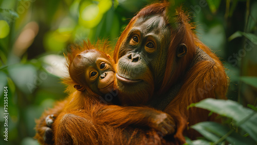Endangered species sanctuary, a poignant scene of a mother orangutan with her baby, emphasizing conservation efforts photo