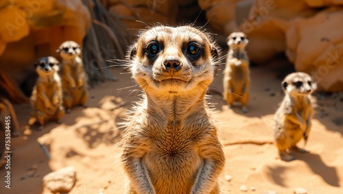 A troop of meerkats standing alert in the African desert, showcasing their social behavior and survival instincts © akarawit