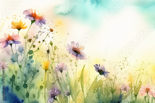 Zauberhafte Wiese mit Frühlingsblumen im watercolor-effect, copy space
