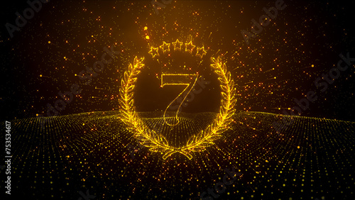 Abstract Golden Shiny Number 7 Laurel Wreath Label Dotted Lines Wireframe Particle Space With Wavy Dots Floor Pattern photo